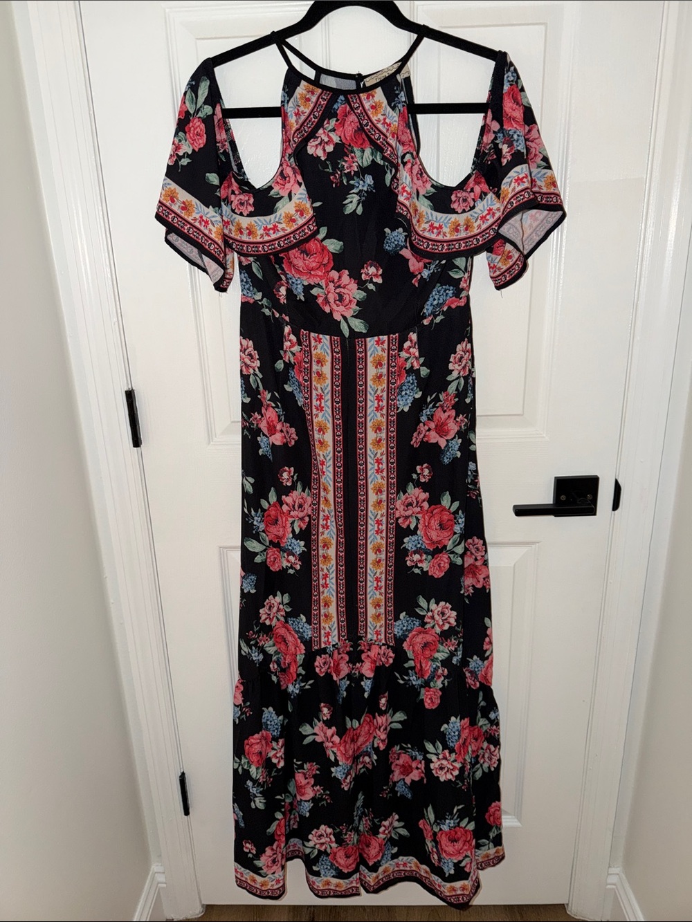 Flying Tomato Black Maxi Dress with Red Floral Print